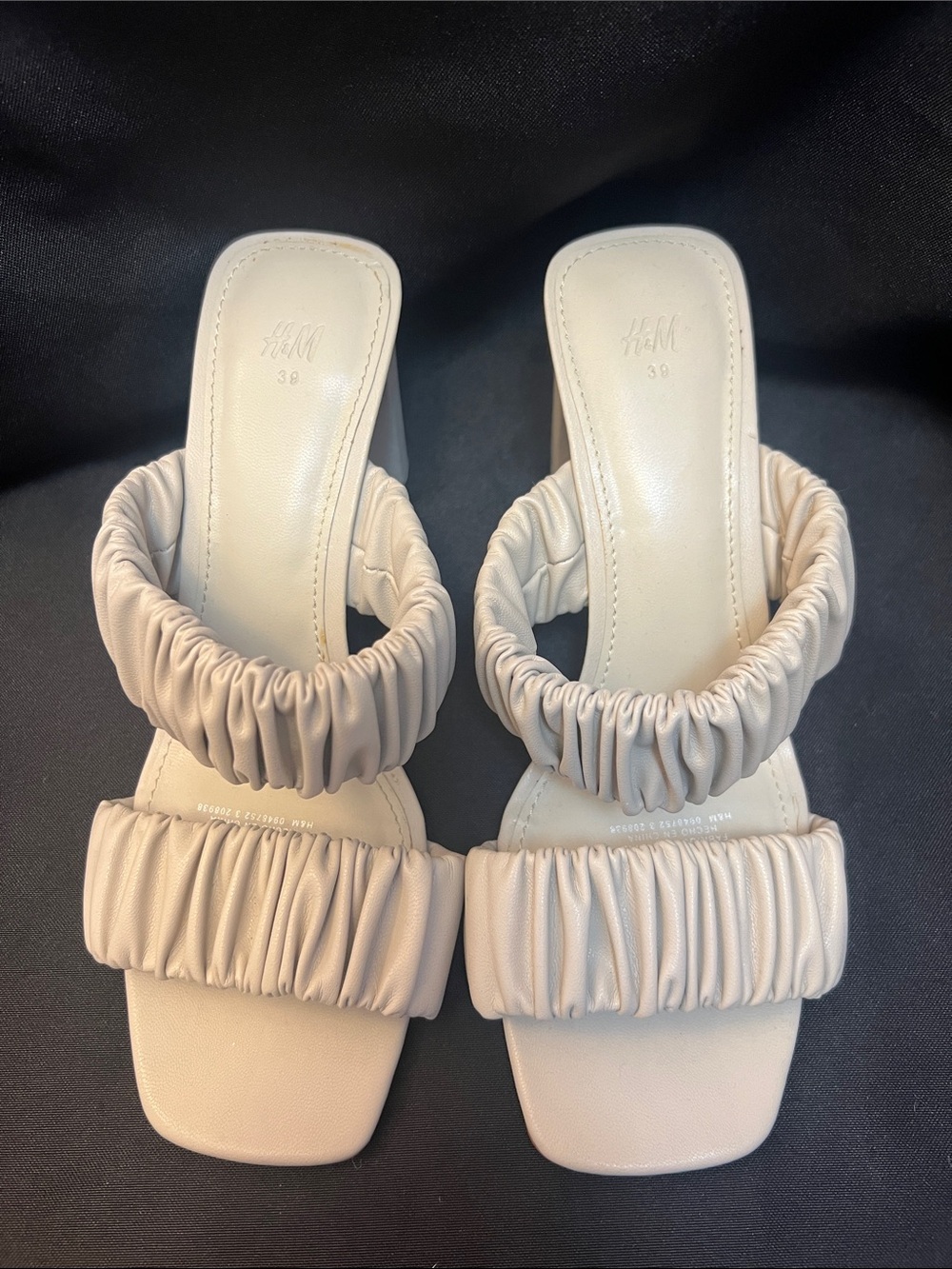 H&M Cream Ruched Double-Strap Block Heel Mules
